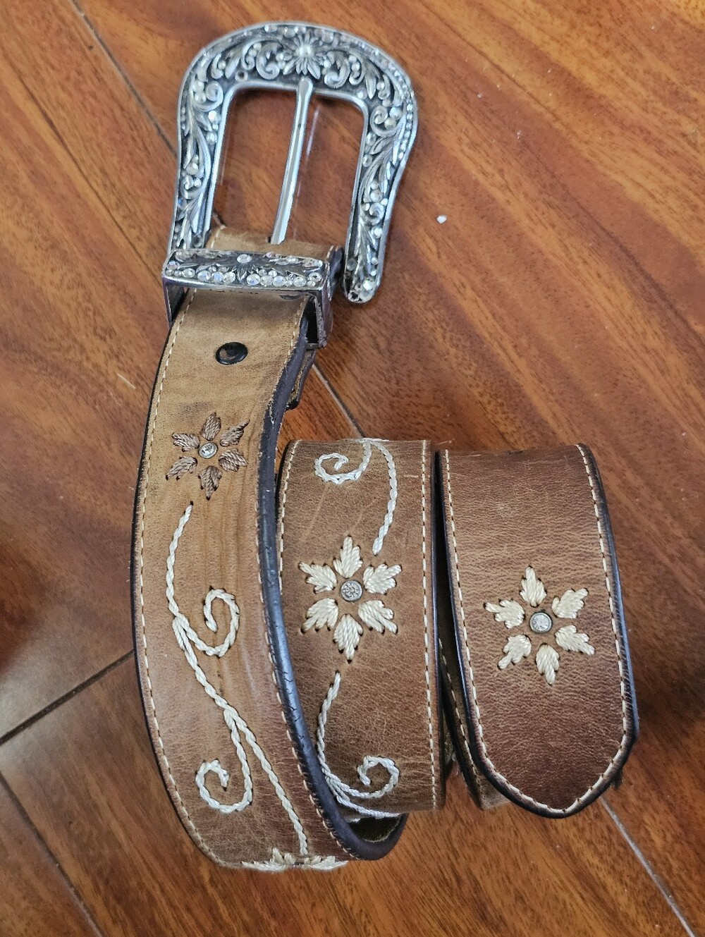VTG Nocona XL Western Brown Leather Belt Hand Tooled Sparkly Bling Crystal Rhine